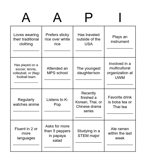 AAPI BINGO Card