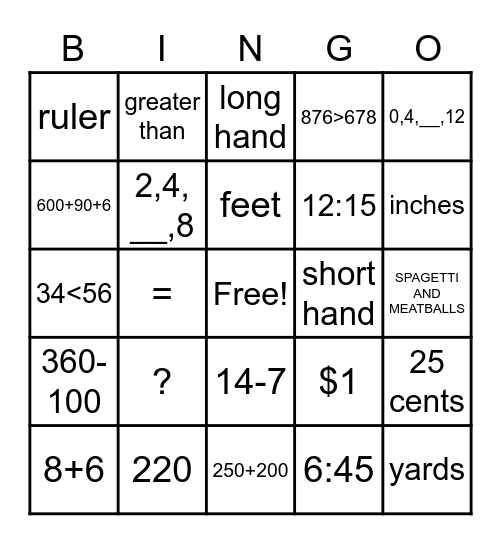 MATH BINGO Card