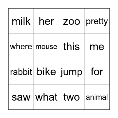 Edmark Words 97-112 Bingo Card