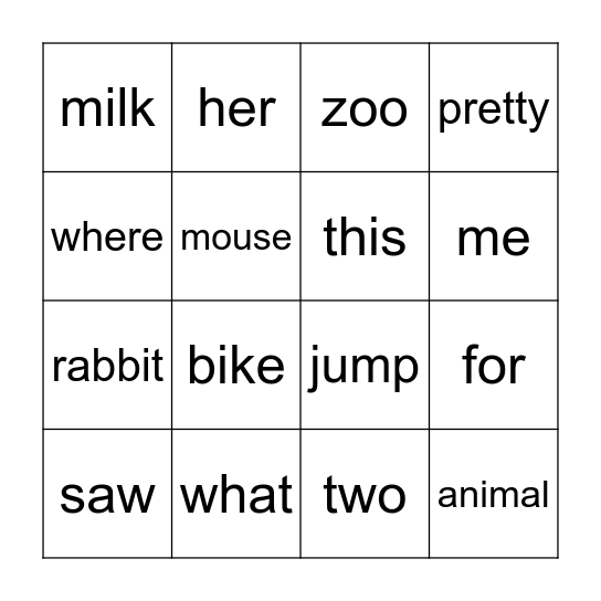Edmark Words 97-112 Bingo Card