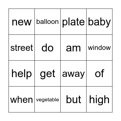 Edmark Words 129-144 Bingo Card