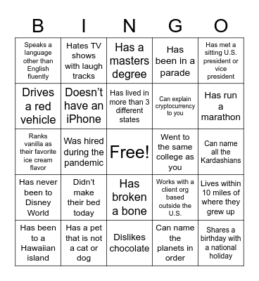 Avalon Week 2022: Get To Know You Bingo Card