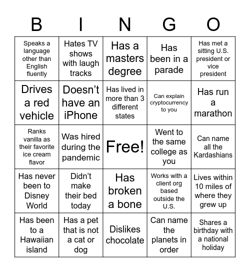 Avalon Week 2022: Get To Know You Bingo Card