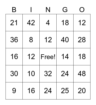Multiplication Bingo mulipliers 2-6 Bingo Card