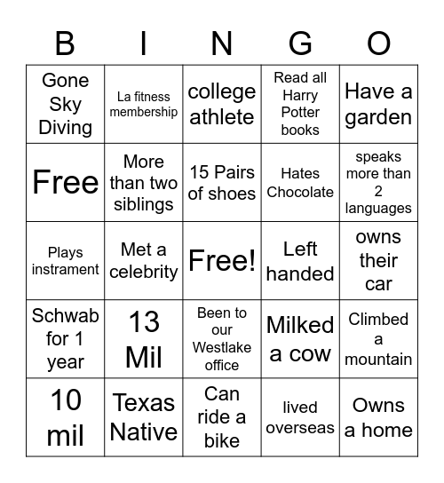 Elevation Bingo Card