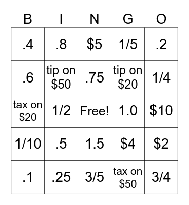Fractions, Decimals, and Percents II Bingo Card