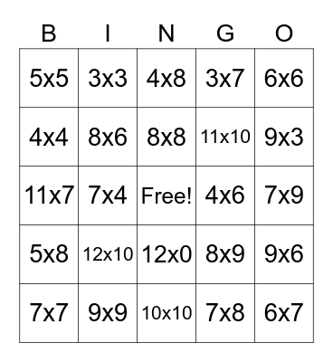 Multiplication Bingo Card