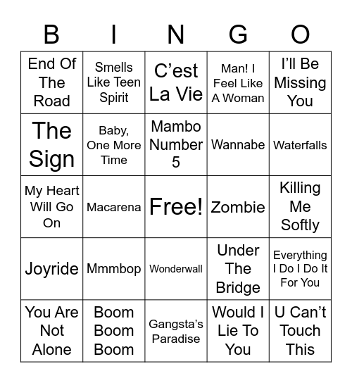 90s - (Letter "X" For Bingo) Bingo Card