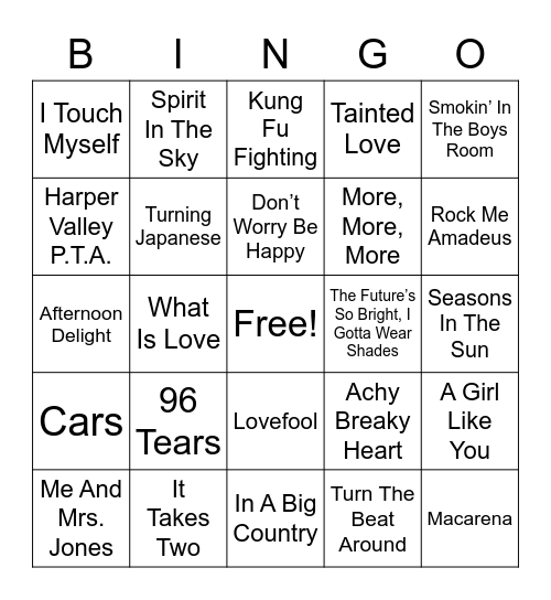 One Hit Wonders - (Outside Walls For Bingo) Bingo Card