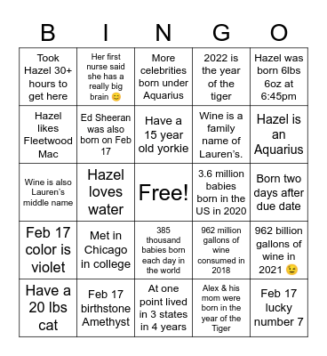 Hazel's World Tour Bingo Card