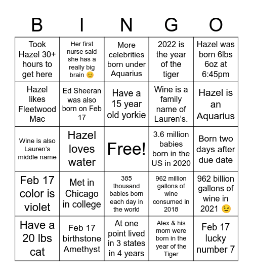 Hazel's World Tour Bingo Card