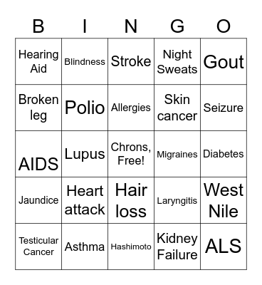 Tiptoe Health Issues Bingo Card