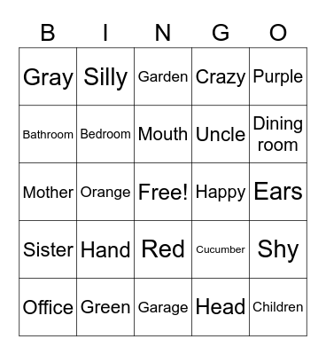 English words Bingo Card