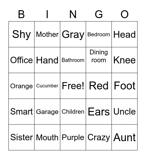 English words Bingo Card
