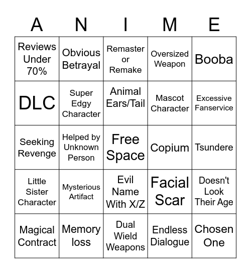 Weeb Wednesday Bingo Card