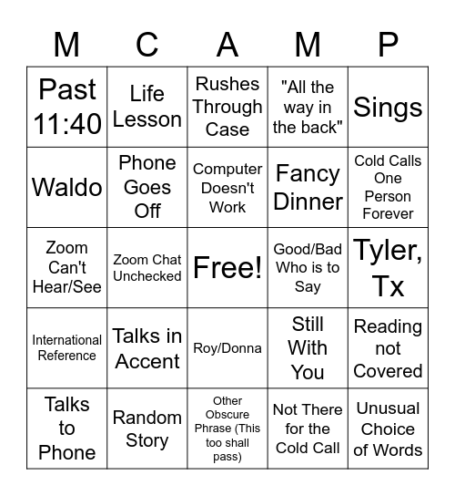 Camp's Property Bingo Card