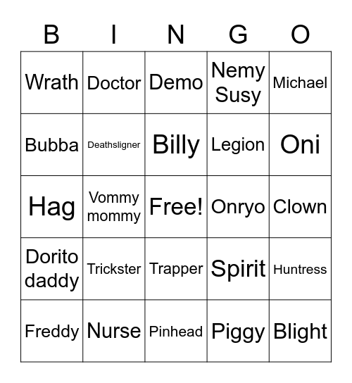 DBD Killer Bingo Card