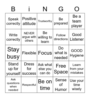 Job Skills Bingo Card