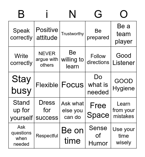 Job Skills Bingo Card