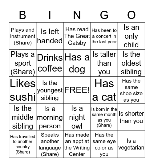 Ice Breaker BINGO Card