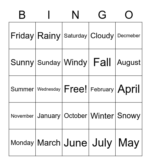 English Club Bingo Card