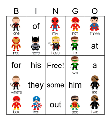 Superhero Sight Words Bingo Card