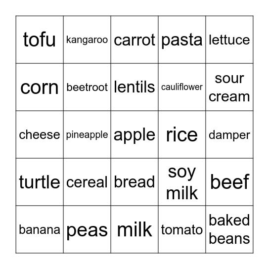 Food Group Bingo Card