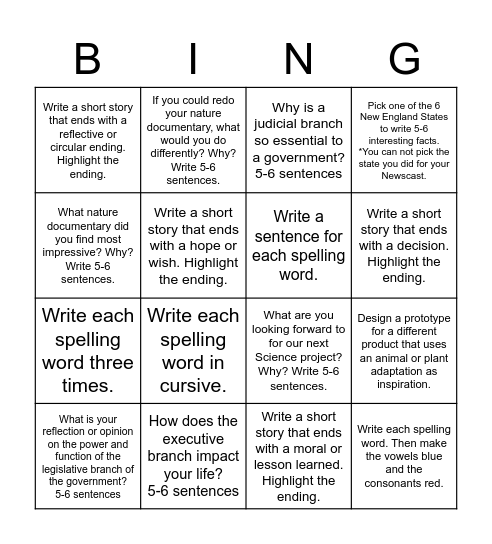 "Bing"- O Academic Starter Bingo Card