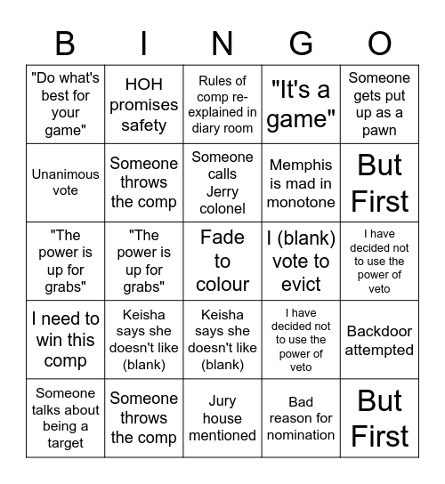 Big Brother bingo Card