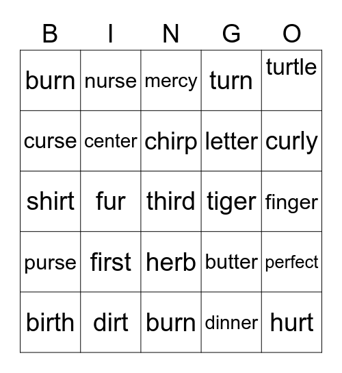 IR UR ER Bingo Card