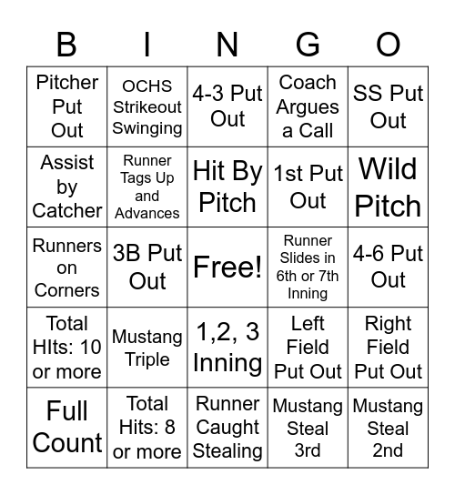 Mustang Softball Bingo Card