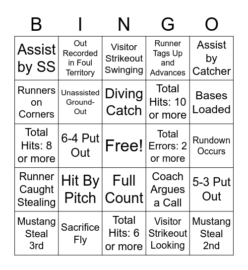 Mustang Softball Bingo Card