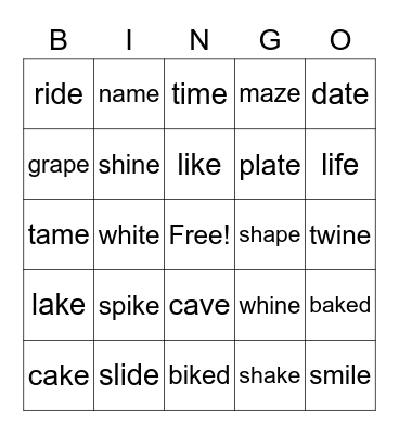 Long A/I Bingo Card