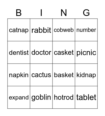 VCCV closed syllable Bingo Card