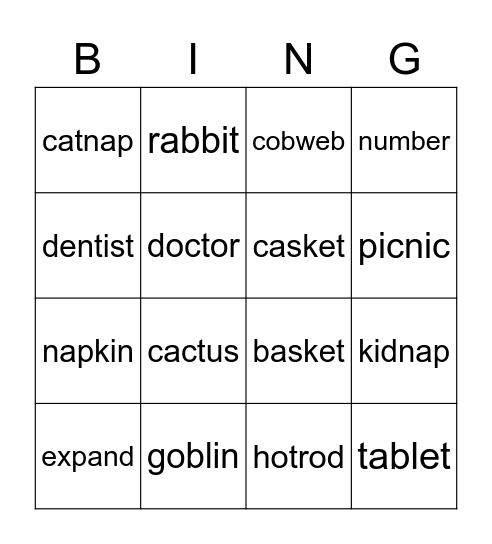 VCCV closed syllable Bingo Card