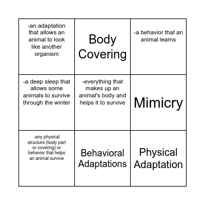 Animal Adaptations Bingo Card