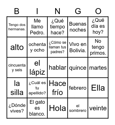 Spanish I April 14 Bingo Card