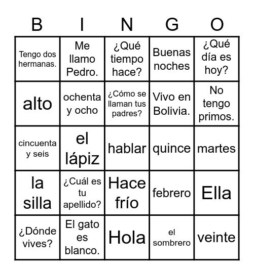 Spanish I April 14 Bingo Card