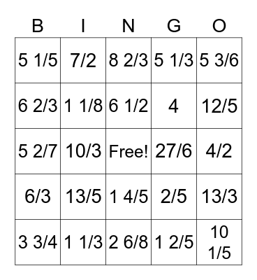 Fraction Bingo Card