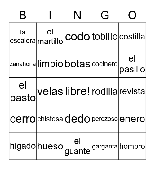 Spanish body parts and other vocab Bingo Card