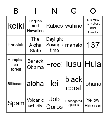 Hawaii Bingo Card
