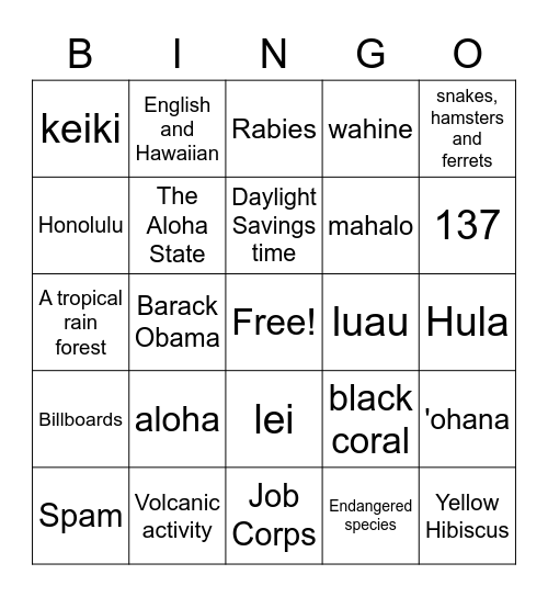 Hawaii Bingo Card