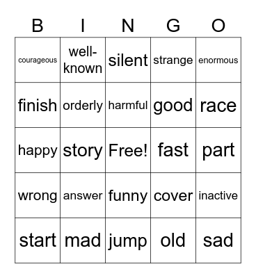 Synonyms Bingo Card