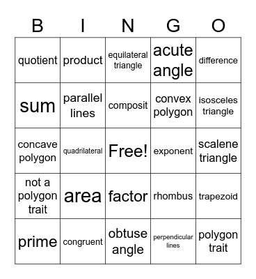 Math Vocabulary Bingo Card