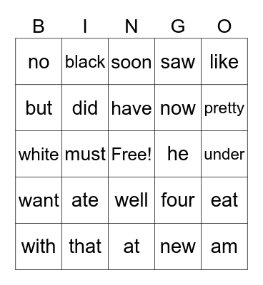 V2 Sight Words Bingo Card