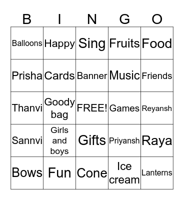 Riya's Birthday Bingo Card