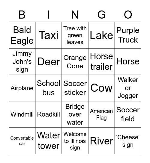 Bus Ride Bingo Card