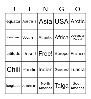 Continents and Oceans Bingo Card