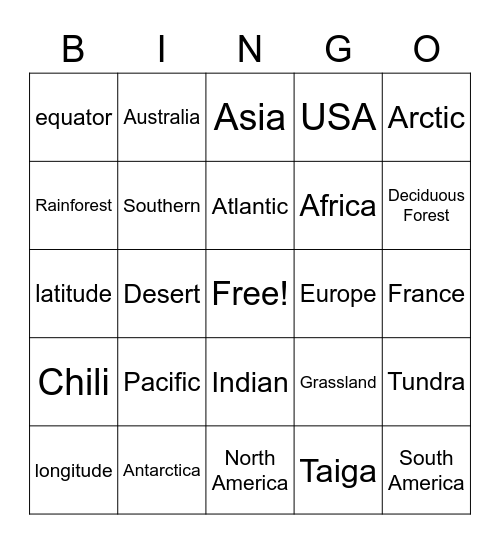 Continents and Oceans Bingo Card
