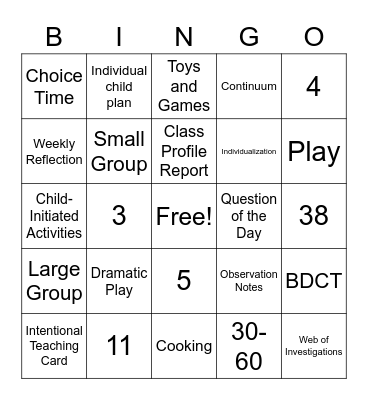 Creative Curriculum Bingo Card